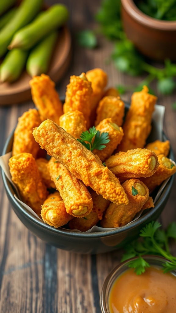 Crispy air-fried okra in a bowl, garnished with parsley, served with dipping sauce on a rustic table.